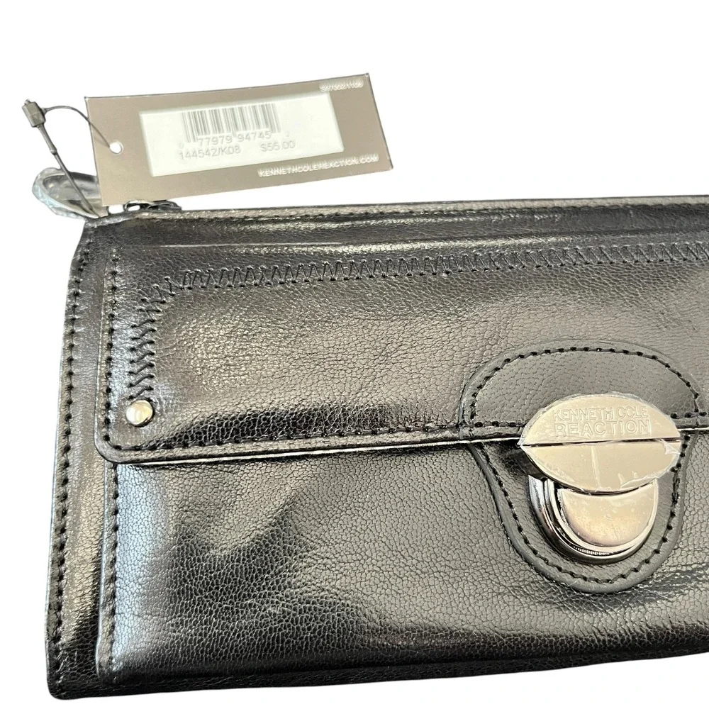 Kenneth Cole Reaction Black Leather Wallet Turn Lock Whipstitch 144542/KD8 NEW
